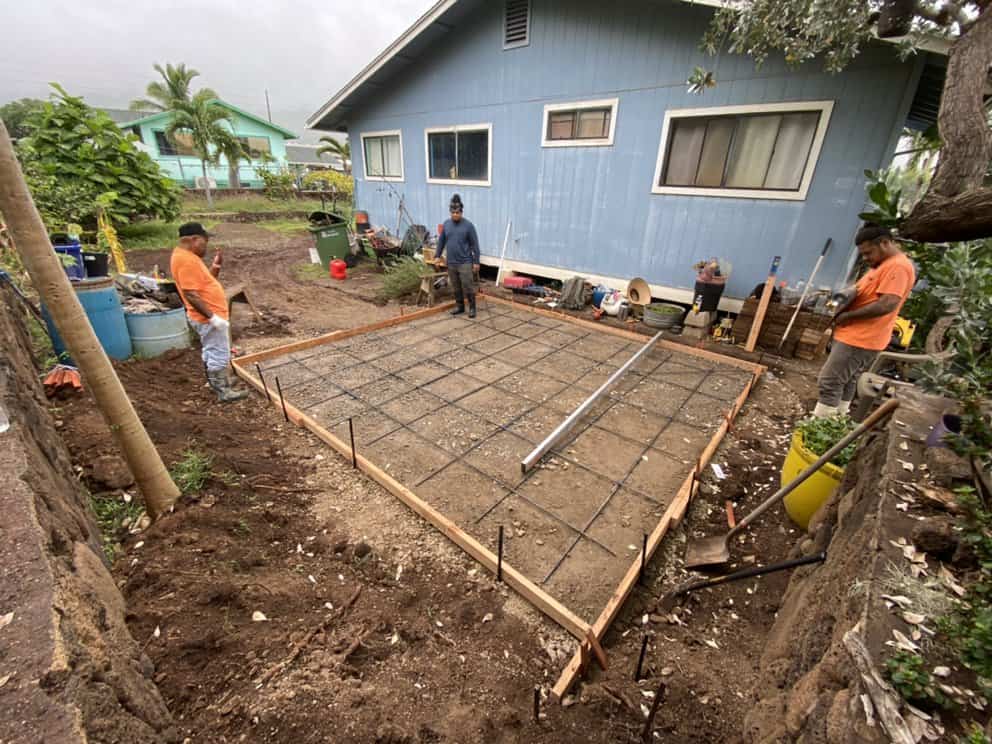 Rebar grid installed inside the concrete forms to reinforce the gazebo foundation.