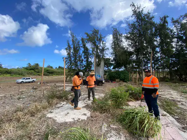 Crew performing final land clearing and vegetation removal after demolition.